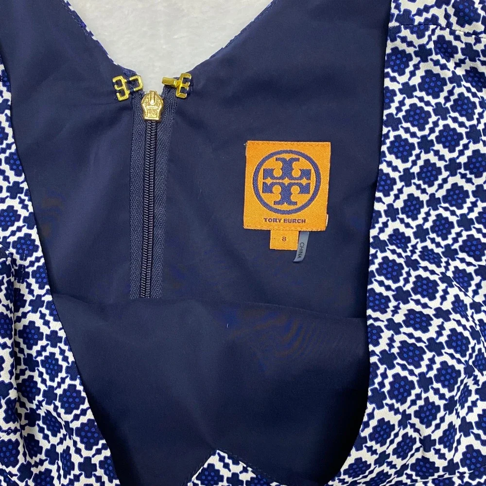 Tory Burch Navy‎ Blue White Geometric Tile V-Neck Sleeveless Shift Dress Size 8